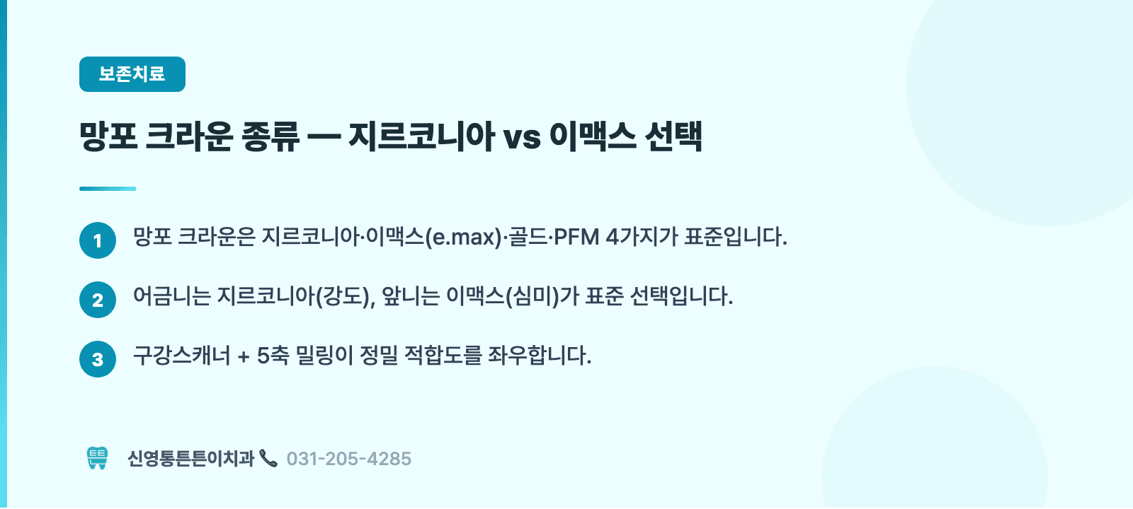 망포 크라운 종류 — 지르코니아 vs 이맥스 선택 핵심 요약 인포그래픽 - 보존치료 | 신영통튼튼이치과 치과상식 칼럼