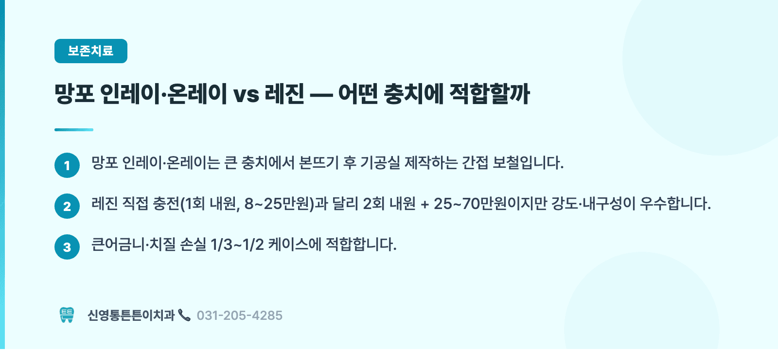 망포 인레이·온레이 vs 레진 — 어떤 충치에 적합할까 핵심 요약 인포그래픽 - 보존치료 | 신영통튼튼이치과 치과상식 칼럼