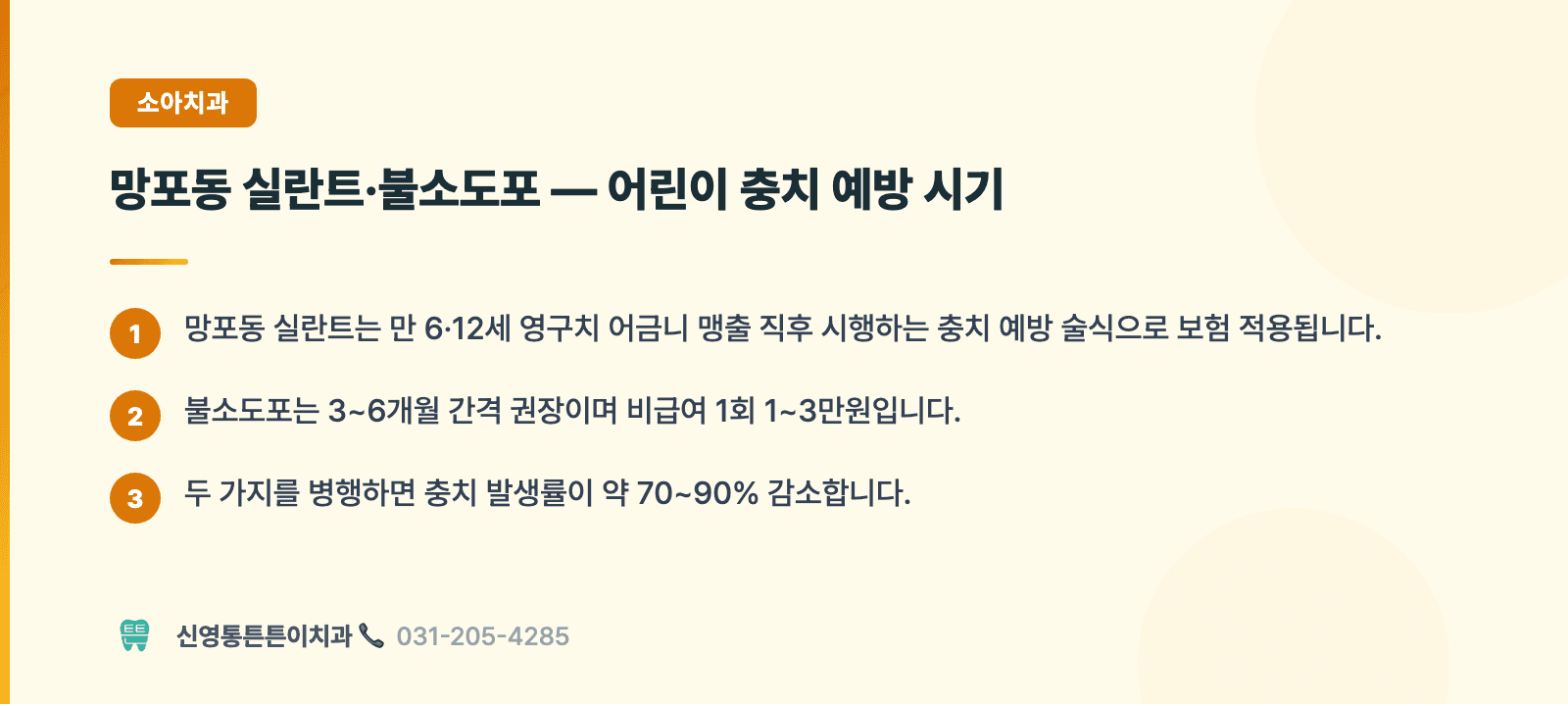 망포동 실란트·불소도포 — 어린이 충치 예방 시기 핵심 요약 인포그래픽 - 소아치과 | 신영통튼튼이치과 치과상식 칼럼