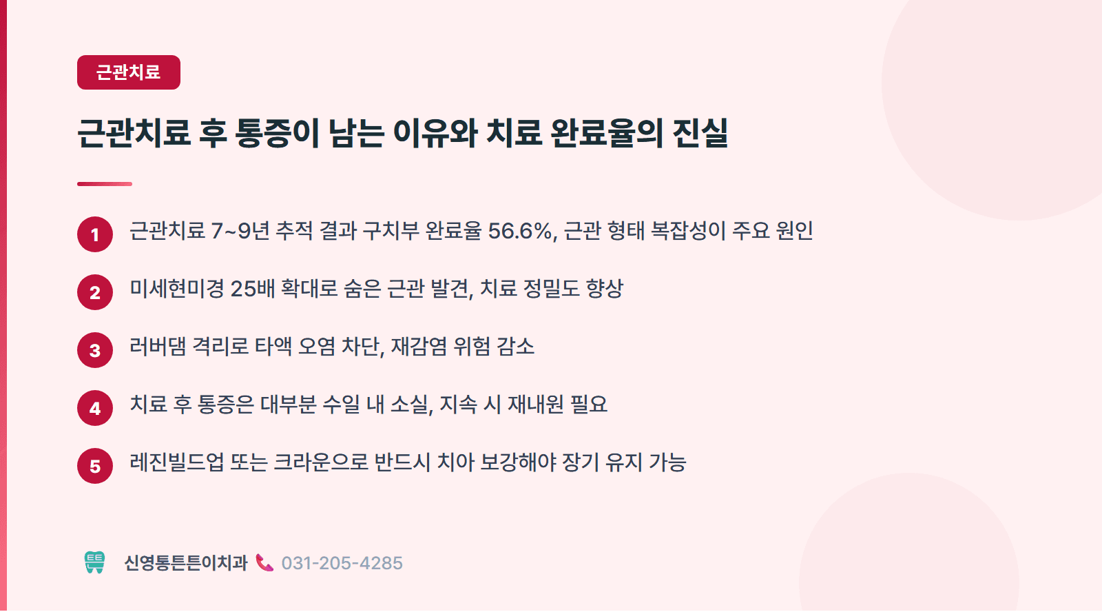 근관치료 후 통증이 남는 이유와 치료 완료율의 진실 핵심 요약 인포그래픽 - 근관치료 | 신영통튼튼이치과 치과상식 칼럼