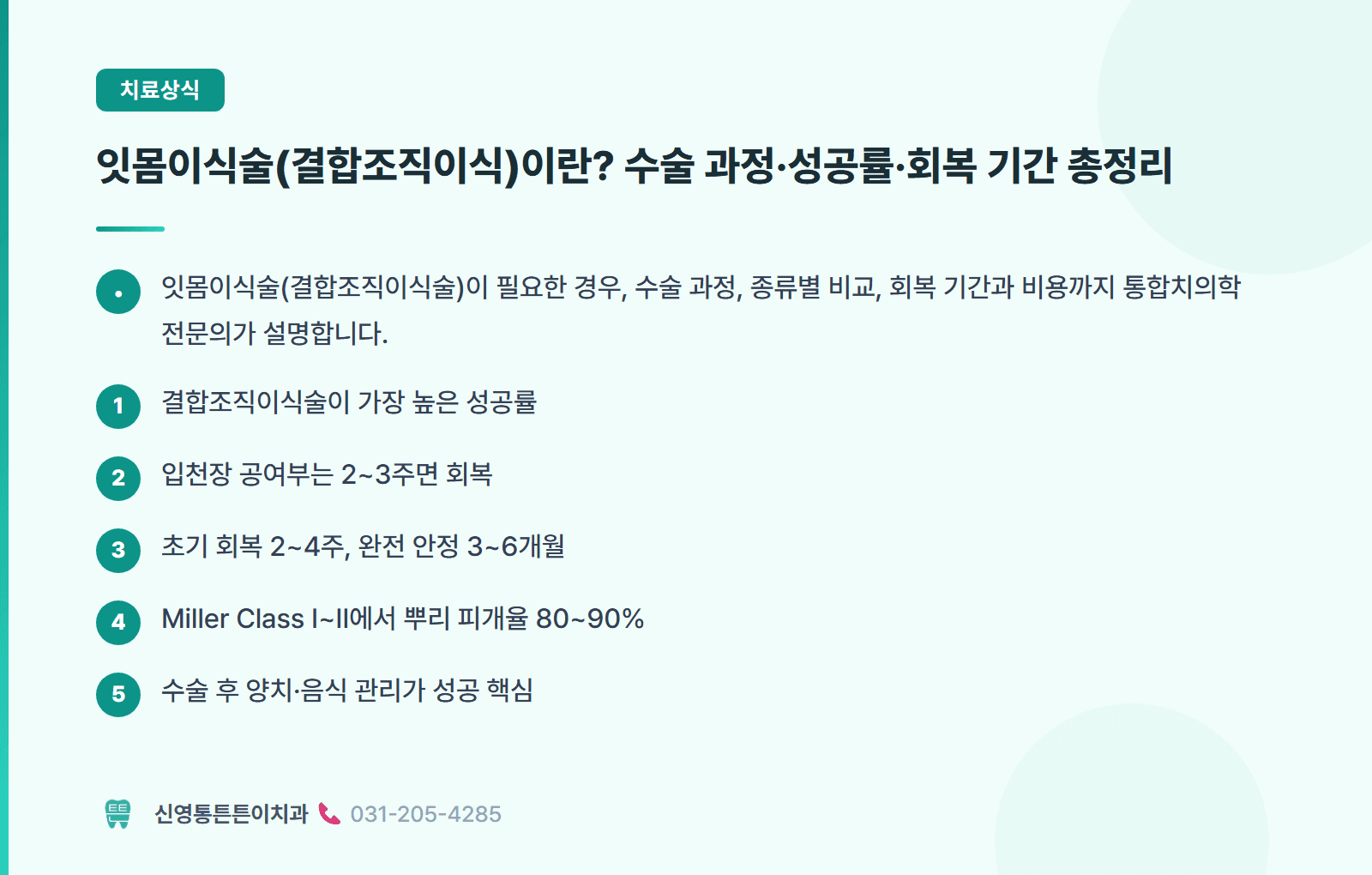 잇몸이식술(결합조직이식)이란? 수술 과정·성공률·회복 기간 총정리 핵심 요약 인포그래픽 - 치주성형수술 | 신영통튼튼이치과 치과상식 칼럼