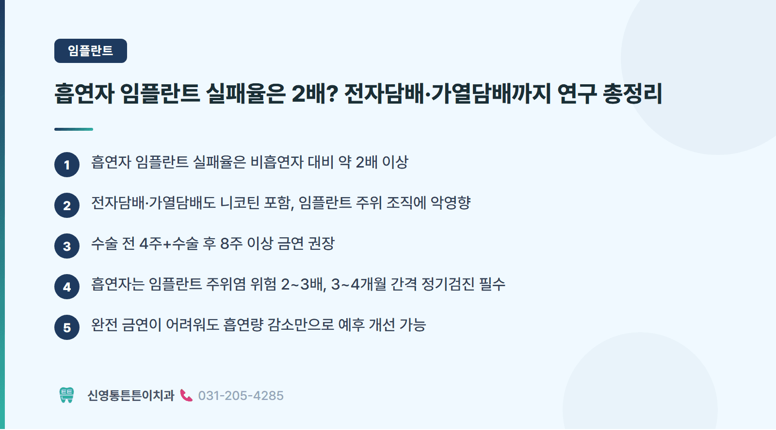 흡연자 임플란트 실패율은 2배? 전자담배·가열담배까지 연구 총정리 핵심 요약 인포그래픽 - 임플란트 | 신영통튼튼이치과 치과상식 칼럼