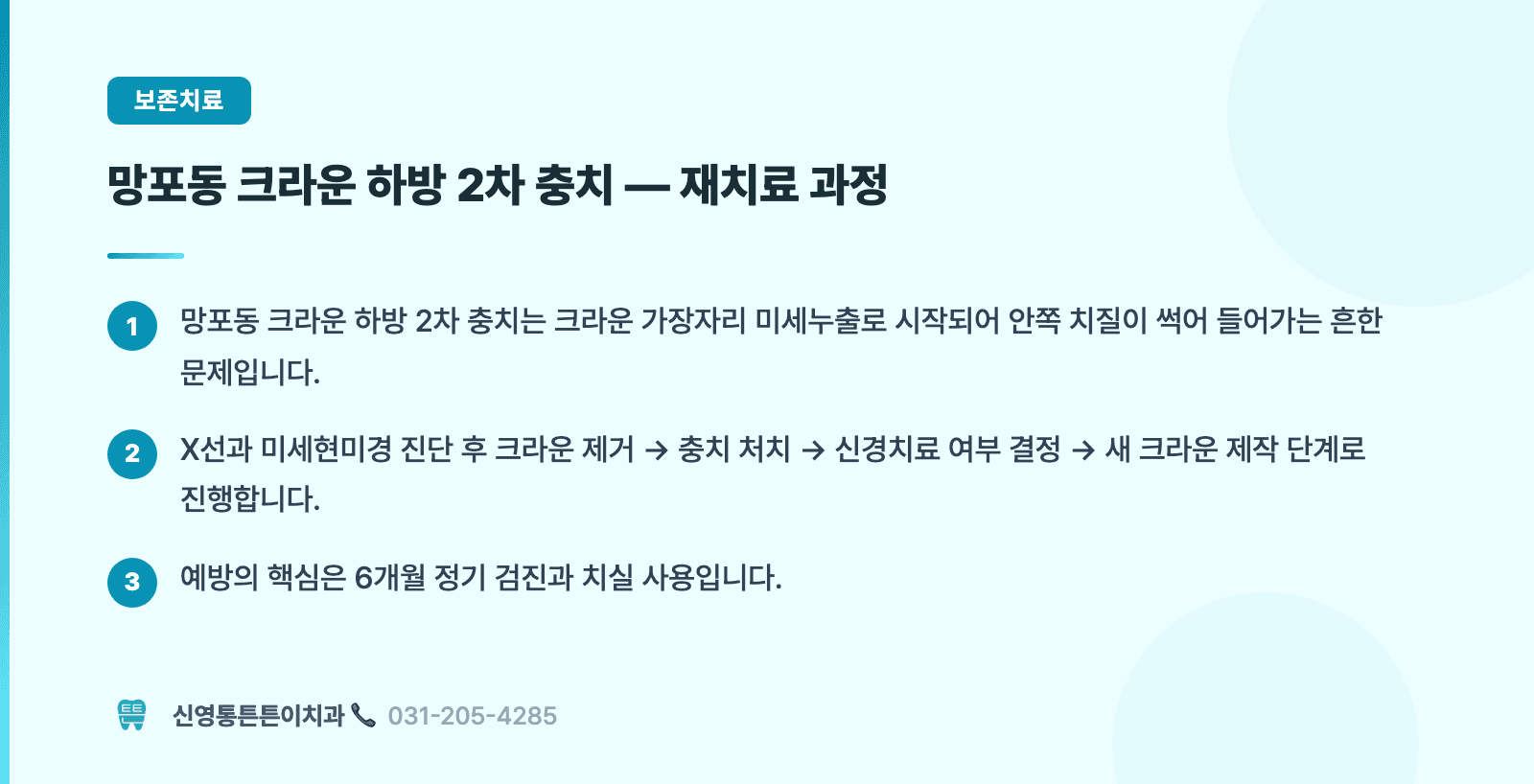 망포동 크라운 하방 2차 충치 — 재치료 과정 핵심 요약 인포그래픽 - 보존치료 | 신영통튼튼이치과 치과상식 칼럼