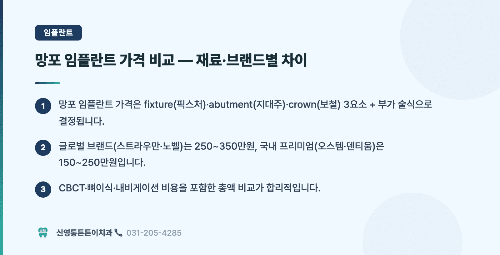 망포 임플란트 가격 비교 — 재료·브랜드별 차이 핵심 요약 인포그래픽 - 임플란트 | 신영통튼튼이치과 치과상식 칼럼