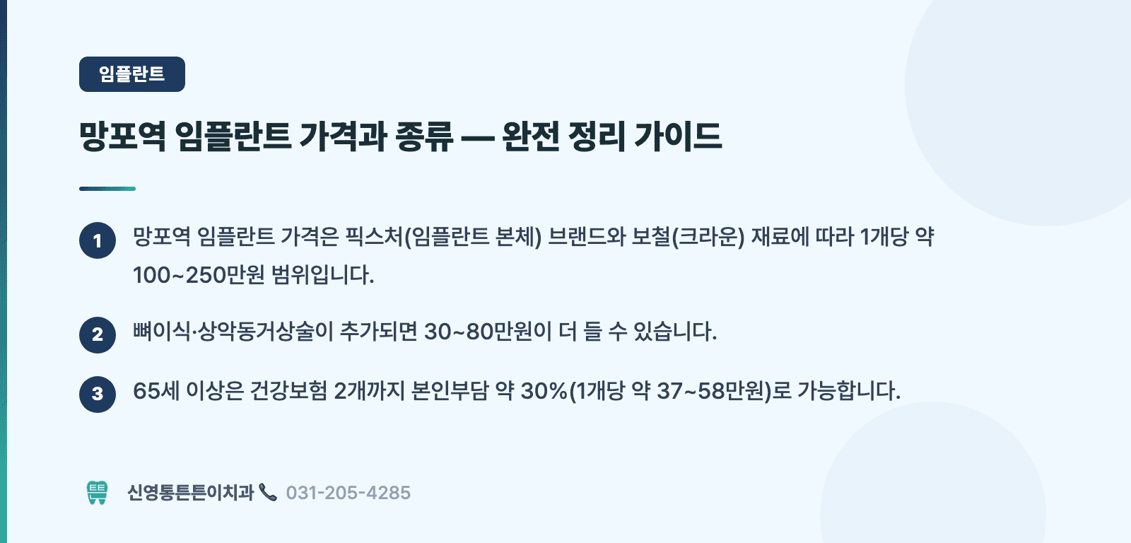 망포역 임플란트 가격과 종류 — 완전 정리 가이드 핵심 요약 인포그래픽 - 임플란트 | 신영통튼튼이치과 치과상식 칼럼