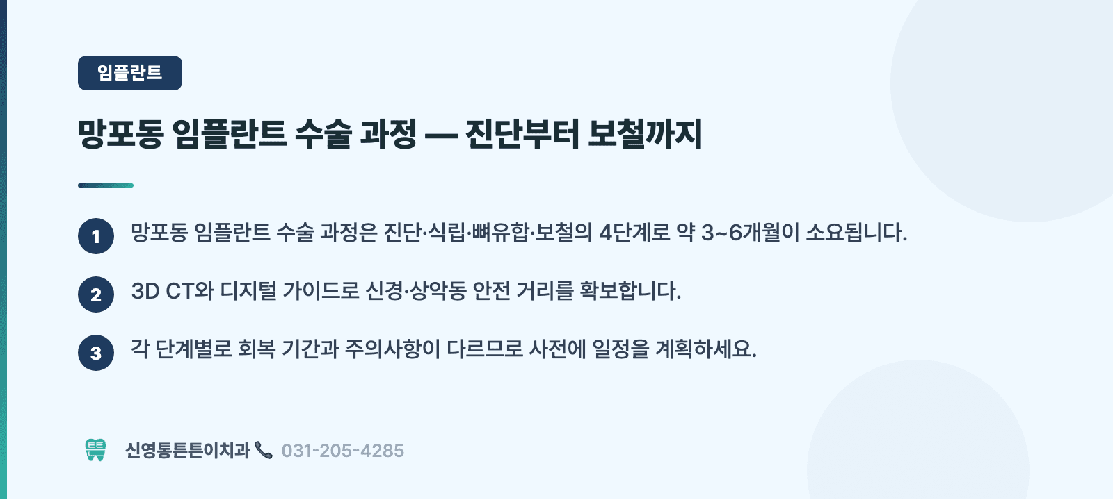 망포동 임플란트 수술 과정 — 진단부터 보철까지 핵심 요약 인포그래픽 - 임플란트 | 신영통튼튼이치과 치과상식 칼럼