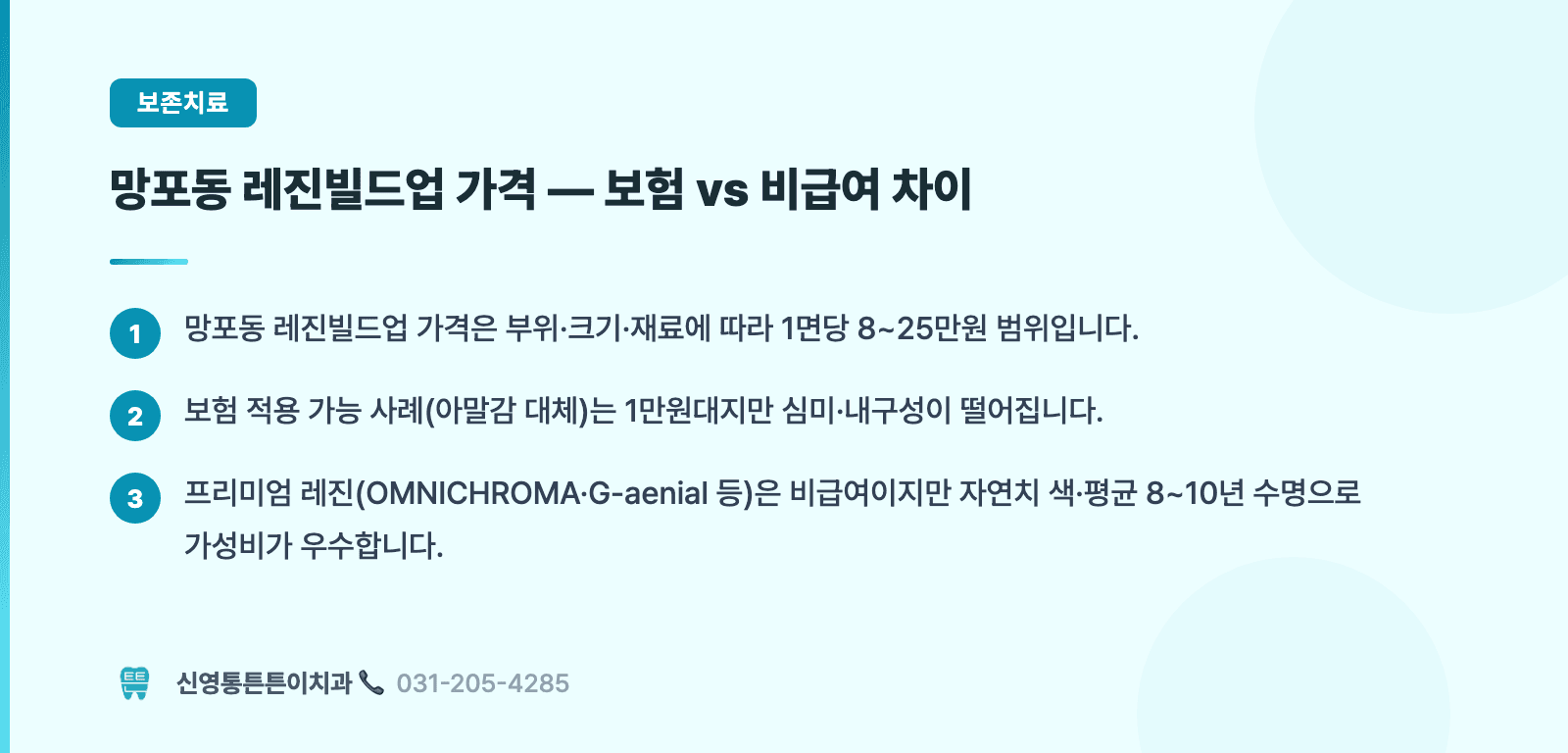 망포동 레진빌드업 가격 — 보험 vs 비급여 차이 핵심 요약 인포그래픽 - 보존치료 | 신영통튼튼이치과 치과상식 칼럼