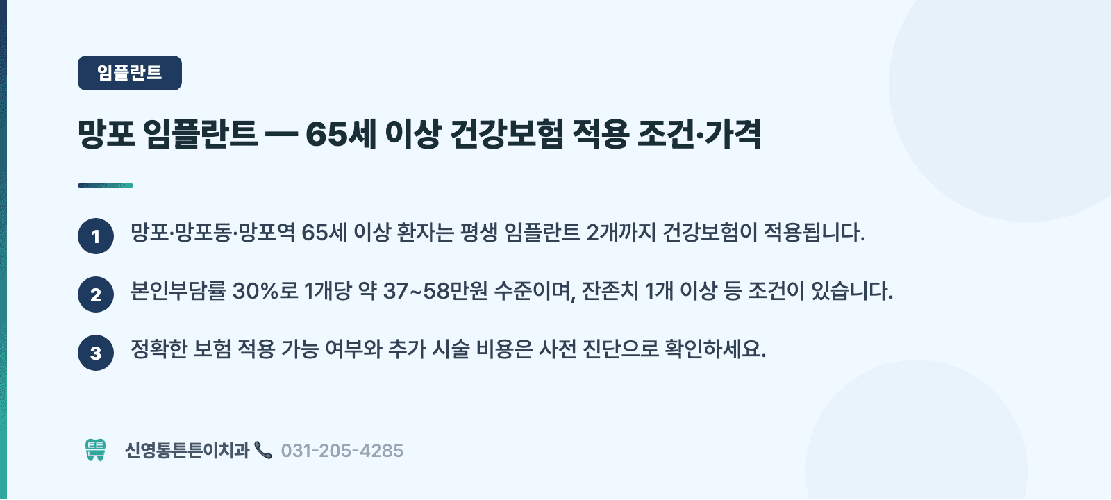 망포 임플란트 — 65세 이상 건강보험 적용 조건·가격 핵심 요약 인포그래픽 - 임플란트 | 신영통튼튼이치과 치과상식 칼럼
