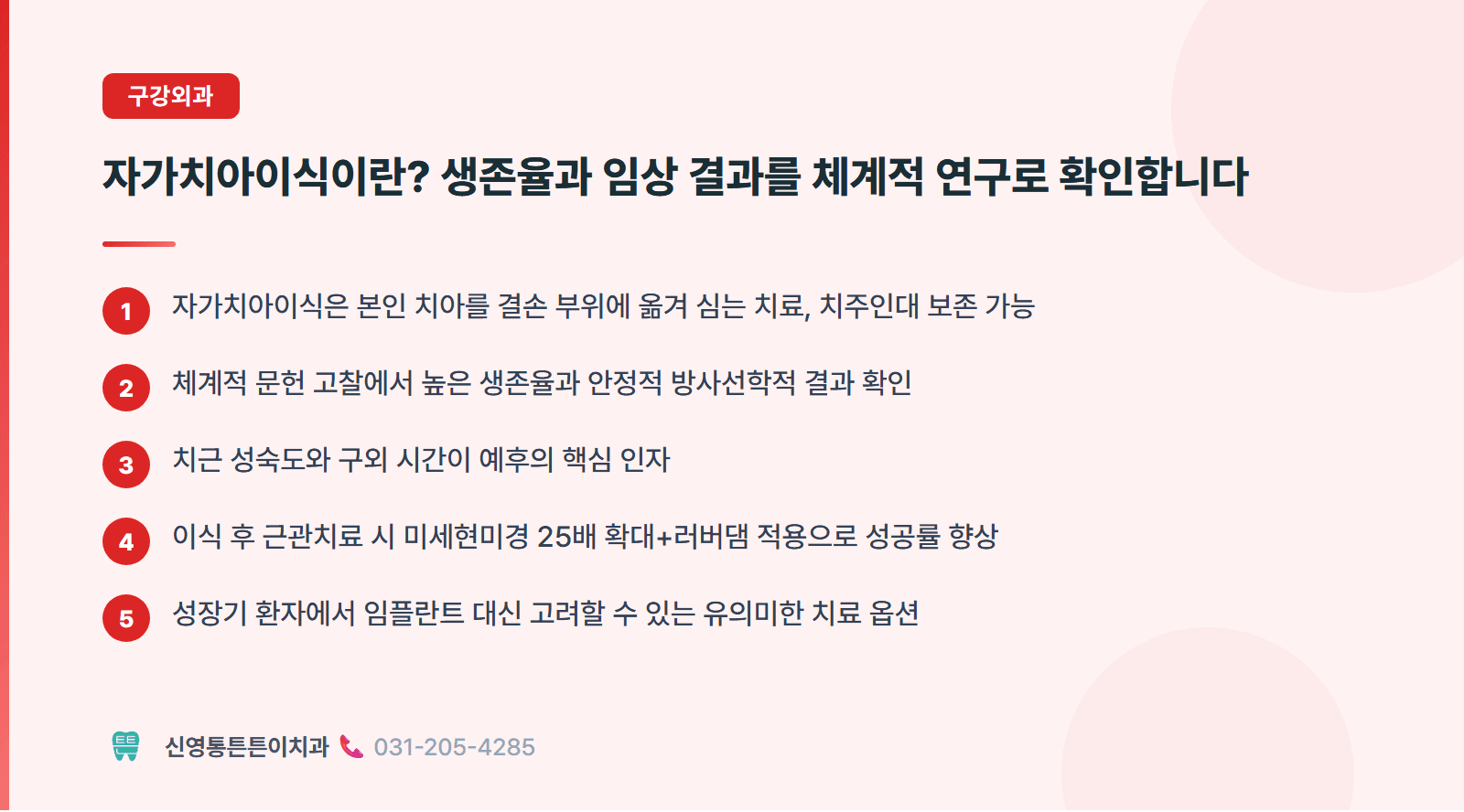 자가치아이식이란? 생존율과 임상 결과를 체계적 연구로 확인합니다 핵심 요약 인포그래픽 - 구강외과 | 신영통튼튼이치과 치과상식 칼럼